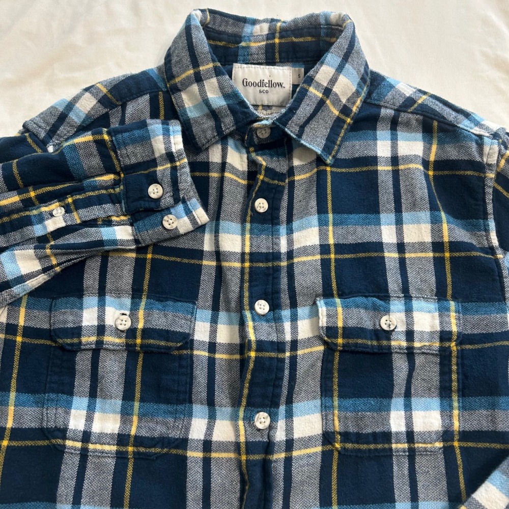 Goodfellow & Co Mens Blue Yellow Plaid Flannel Shirt Small Standard Fit Cotton